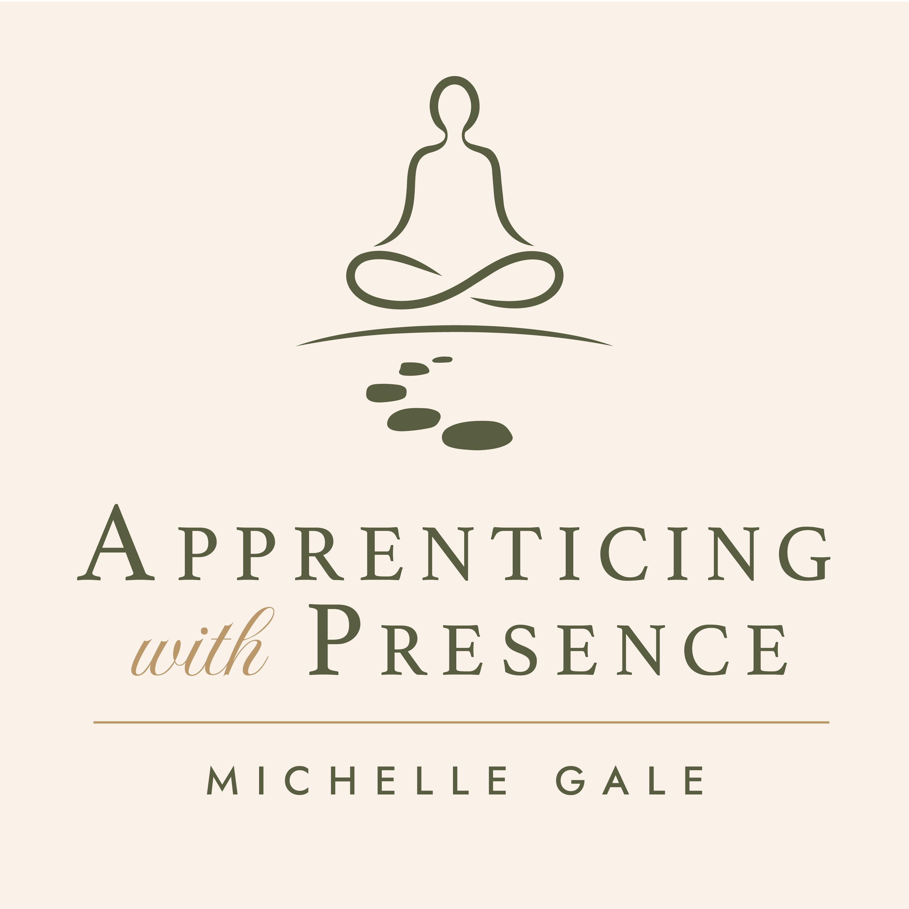 Apprenticing with Presence, Michelle Gale. A seated figure drawn in a single sage line above a short path of flat stones, on a warm cream ground.